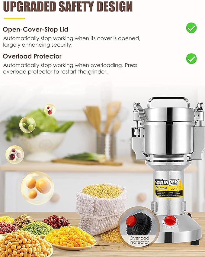 CGOLDENWALL Safety Upgraded Electric Grain Grinder Mill High-speed Dry Spice Herb Mill Grinding Machine with 1500W Commercial Motor Overload Protection CE 110V (300g Hand-held Type) - Bloomnest