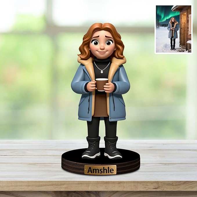 Custom Travel Photo Cartoon Style Desk Decor with Wooden Base, Personalzied Cartoon Photo Picture Portrait Sculpture Frame Acrylic Sign Plaque Gifts for Women Men Family - Bloomnest