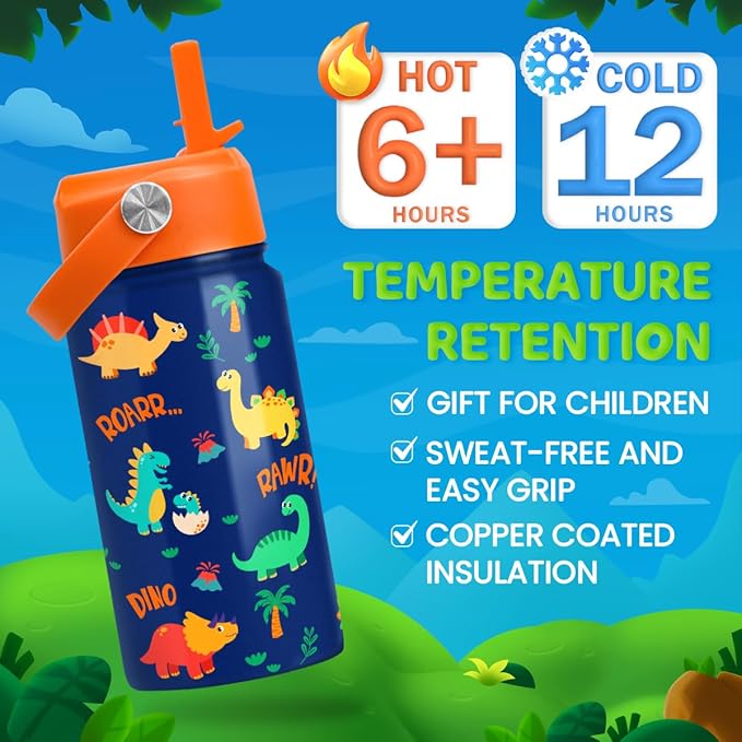 Dinosaur Water Bottle for Boys - Kids Water Bottle with Straw Lid - 12 Oz Insulated Stainless Steel Water Bottles for Kid - Travel Cup for School Sports - Bloomnest
