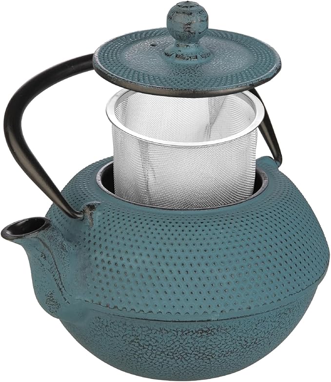 IBILI 40 Oz Azul Cast Iron Teapot | Made in Spain | Floral Design, Stainless Steel Infuser, Enameled Interior, Stovetop & Induction Compatible, Japanese Kettle for Loose Leaf Tea, Tetsubin Design Blue - Bloomnest