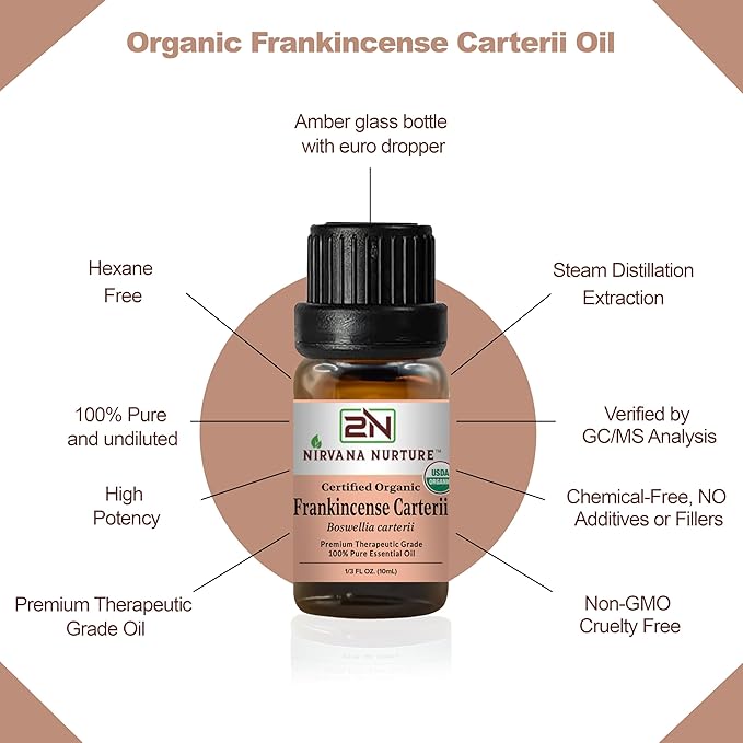 Frankincense Carterii Essential Oil, USDA Certified Organic, 100% Pure Undiluted, Aromatherapy Oil for Diffuser, Hair & Skin Care NirvanaNurture
