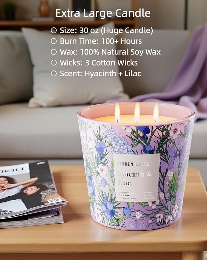 Hidden Label Hyacinth & Lilac Soy Candle, 3 Wick Large Candles for Home Scented, 30oz Natural Soy Candles Non Toxic, 100 Hour Burn Time, Aromatherapy Candle for Stress Relief, SPA, Larger Rooms - Bloomnest
