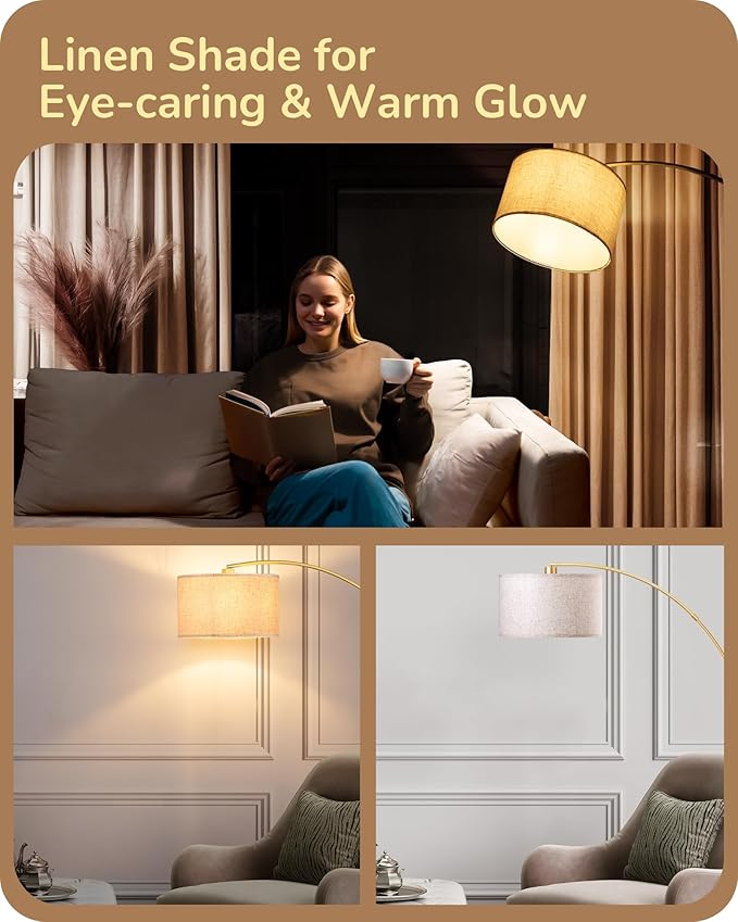 EDISHINE 78.3" Gold Arched Floor Lamp with Remote, Mid Century Modern Reading Light Over Chair, Tall Arc Standing Lamp for Living Room, Home Office, Reading Room, Dining Room, Dimmable Bulb Included - Bloomnest