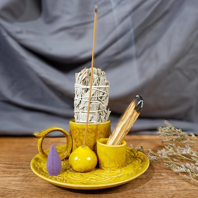 5.1-Inch 5-in-1 Yellow Ceramic Incense Holder - Fits Palo Santo, Sage, Incense Sticks/Cones, Small Candle, Smudge Burning Tray.Zen Altar for Meditation/Yoga, Aromatic Scents, Matches Friendly - Bloomnest