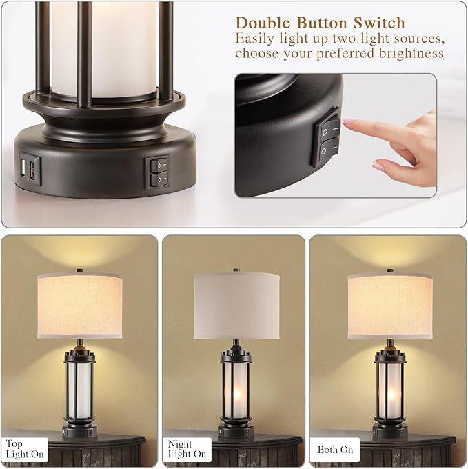 Set of 2 Modern Table Lamps for Living Room Bedroom, 25'' Black Retro Industrial Metal Lamp with Glass Nightlight, Contemporary Desk Lamp for Bedside End Table Office, 4 Bulbs Included - Bloomnest