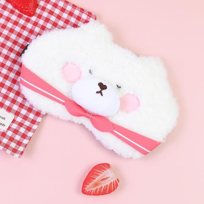 Cute Sleep Eye Masks for Kids, Kawaii Cartoon Kids Sleeping Mask for Women Boys Girls Teens, Soft Plush Adjustable Eyeshade Silk Travel Nap Eye Cover, Pink Bear - Bloomnest