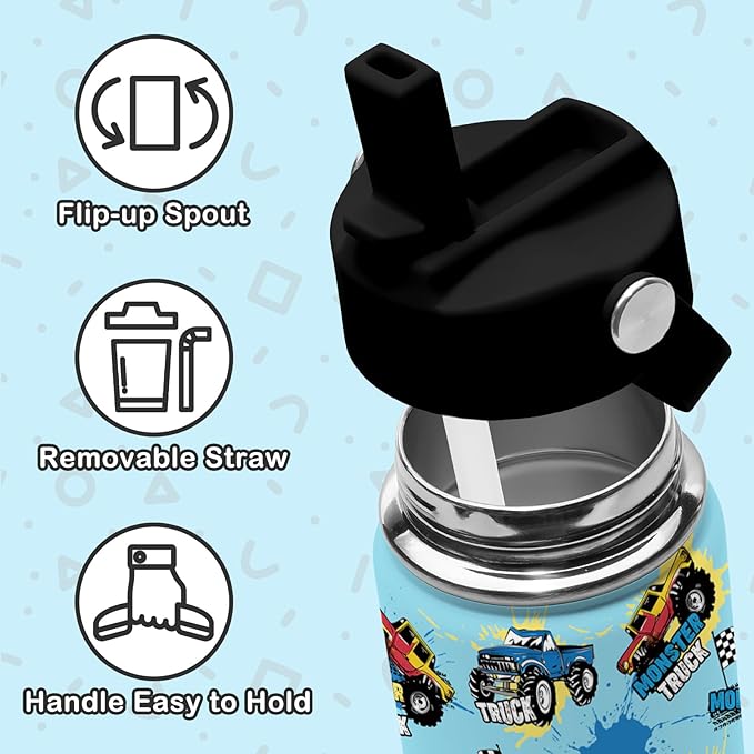 Monster Truck Boys Water Bottle, 16oz Kids Stainless Steel Insulated Water Bottle with Straw Lid, Monster Truck Cup Tumbler Gifts for School - Bloomnest