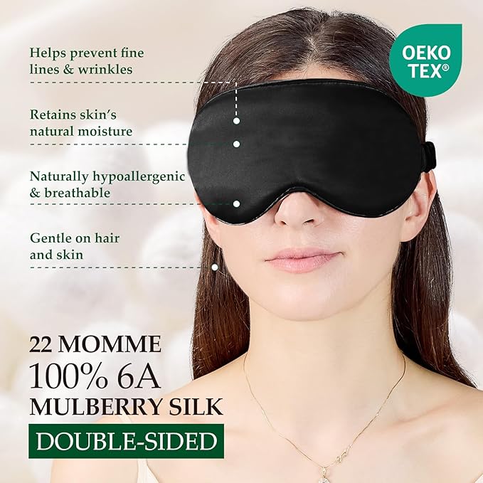 100% Mulberry Silk Sleep Mask for Unisex, 22 Momme 3D Silk Contoured Eye Mask, Breathable Light Blocking Blindfold with Adjustable Strap, Blackout Eye Cover for Travel, Black - Bloomnest