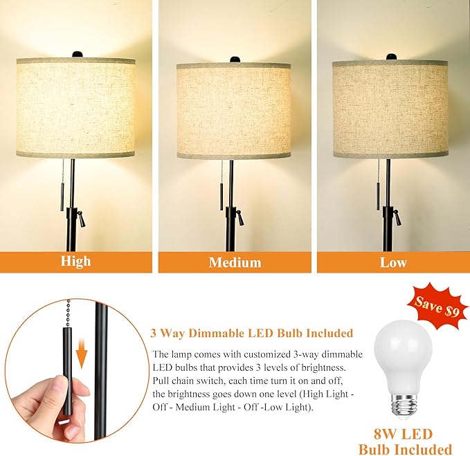 Adjustable Height Floor Lamp for Living Room, Black Standing Lamp for Bedroom Office, Modern Tall Lamp with Linen Shade, 3-Way Dimmable 8W 3000K LED Blub Included (Black) - Bloomnest