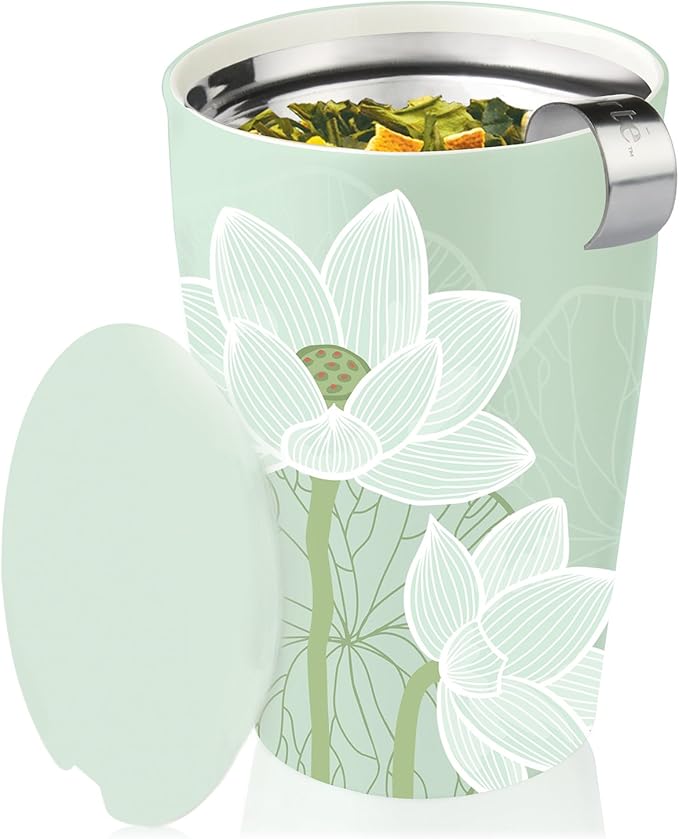 Tea Forte Double-Walled Ceramic Kati Cup, Removable Stainless Steel Infuser Basket and Lid, Steeps 12 oz Loose Leaf Tea, Dishwasher & Microwave Safe, Lotus - Bloomnest