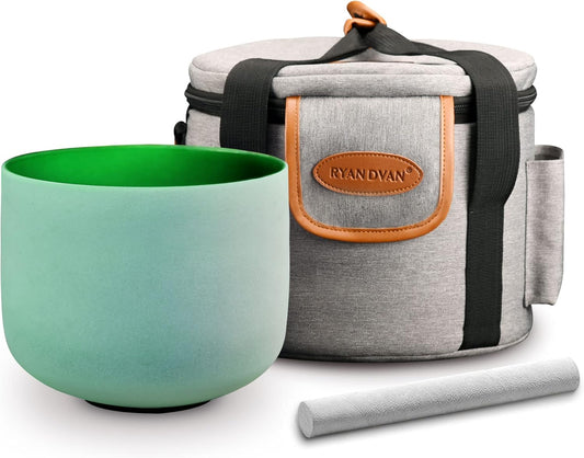 RYAN DVAN 432 hz 8” F Note Green Frosted Heart Chakra Crystal Singing Bowl with Free Heavy-Duty Carrying Case and Suede Striker O-Ring