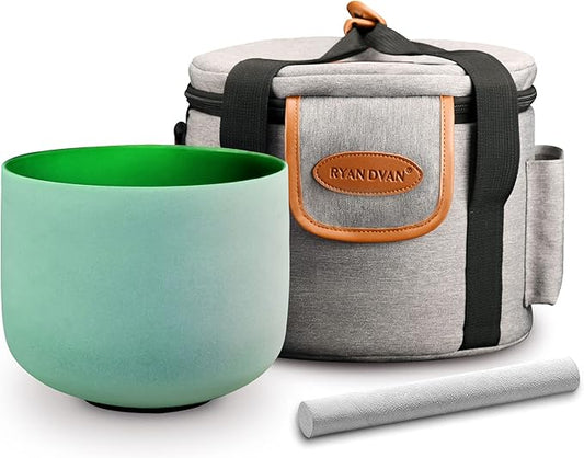 RYAN DVAN 432 hz 8” F Note Green Frosted Heart Chakra Crystal Singing Bowl with Free Heavy-Duty Carrying Case and Suede Striker O-Ring - Bloomnest