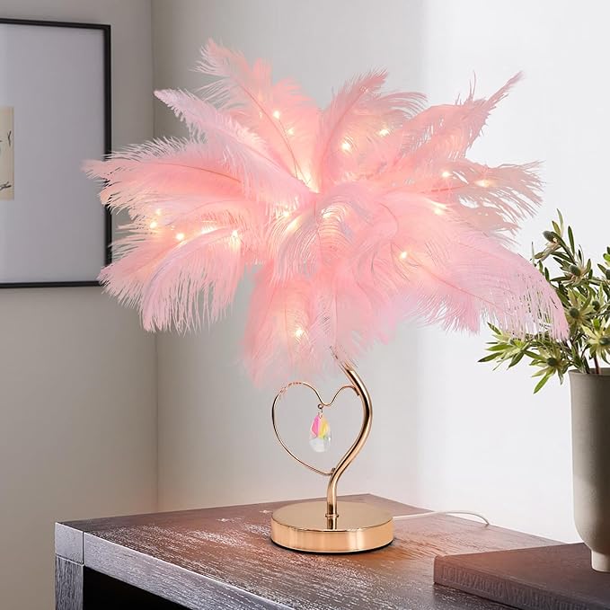 Pink Ostrich Feather Lamp Creative Furry Bedside Lamp Romantic Feather Table Lamp Fluffy Nightstand Light for Girl Bedroom Wedding Decor Valentines Dating Livingroom Hotel Office Christmas - Bloomnest