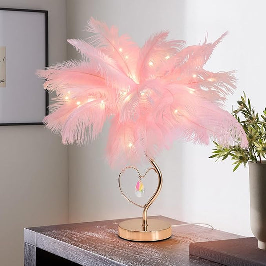 Pink Ostrich Feather Lamp Creative Furry Bedside Lamp Romantic Feather Table Lamp Fluffy Nightstand Light for Girl Bedroom Wedding Decor Valentines Dating Livingroom Hotel Office Christmas - Bloomnest