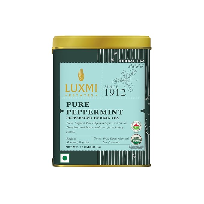 Luxmi Estates Purely Peppermint 25gm Tin | USDA Certified Organic Herbal Tea | Mint Tea Best for Night Time - Bloomnest