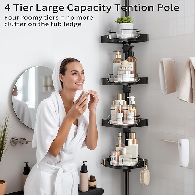 360° Rotating Corner Shower Caddy Tension Pole Organizer - 4-Tier Adjustable Rustproof Metal Pole, Plastic Shelves with Safety Guardrail, Bathroom Storage for Shower & Bathtub(Black) - Bloomnest