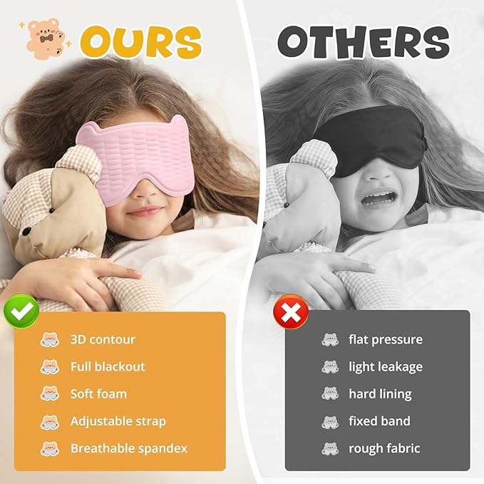 3D Kids Sleep Mask – Cute Bear Eye Mask for Sleeping, Comfortable Memory Foam Sleep Mask for Kids, Adjustable Strap and Lightweight Sleeping Mask for Boys Girls Teens Ages 5-15 (Light Pink) - Bloomnest