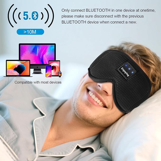 Sleep Headphones, Sleep Mask Bluetooth Wireless Music Eye Mask, Sleeping Mask for Side Sleepers Sleep Mask with 3D Bluetooth Headphones Ultra-Thin Stereo Speakers Perfect for Sleeping (Black) - Bloomnest