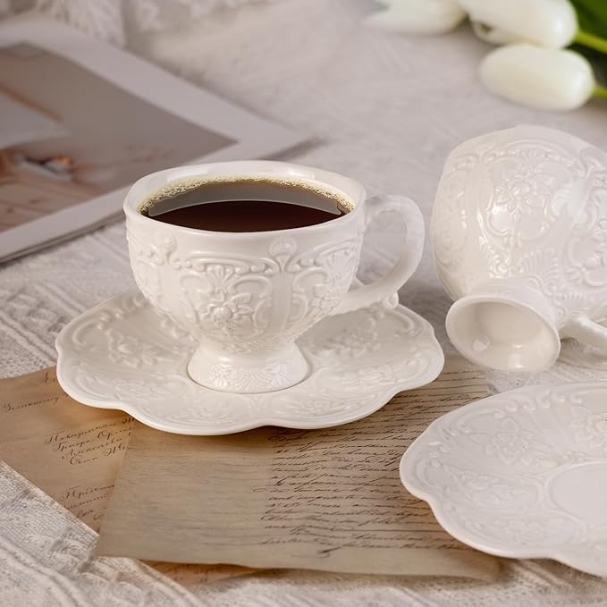 KAMMAK Tea Cups and Saucers Set of 2, Porcelain Coffee Cups, 7.8-Ounce Stackable Espresso Mugs, Ceramic Demitasse for Coffee, Latte, Americano, Tea, Britney - Bloomnest