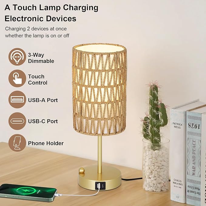 Gold Bedside Lamps Set of 2, Touch Control Night Stand Lamp for Bedroom with Rattan & Linen Shade & Bulbs, 3 Way Dimmable Small Boho Table Lamps with USB Charging Port & Phone Stand - Bloomnest