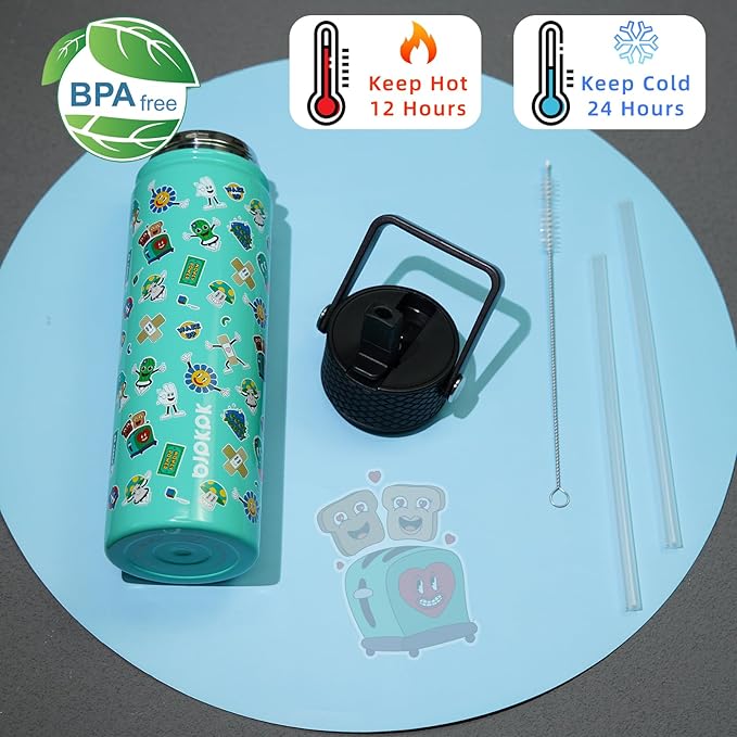 BJPKPK Insulated Water Bottle with Straw Lid, 22 oz Stainless Steel Metal Water Bottles, Reusable Leak Proof BPA Free Water Bottles, Cups, Thermo, Spring Party-Green - Bloomnest