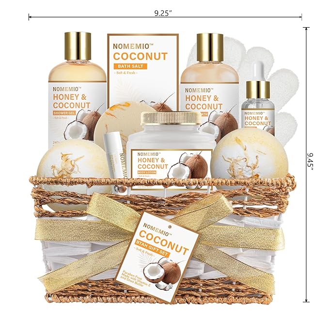 Valentine's Day Gift Baskets, Spa Gift Basket for Women, 11pcs Honey & Coconut Luxury Bath Gift Set, Spa Kit with Shower Gel, Bubble Bath, Bath Bombs , Beauty Gifts for Her, Women, Mom Birthday - Bloomnest
