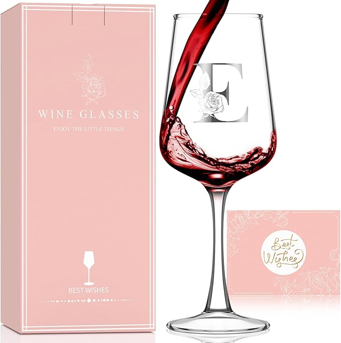 Valentines Day Gifts for Her Women - Personalized Initial Wine Glasses Custom Gift, Galentines Gift Christmas Mothers Day Birthday Gifts for Women Her Mom Wife Best Friend Sister (E) - Bloomnest