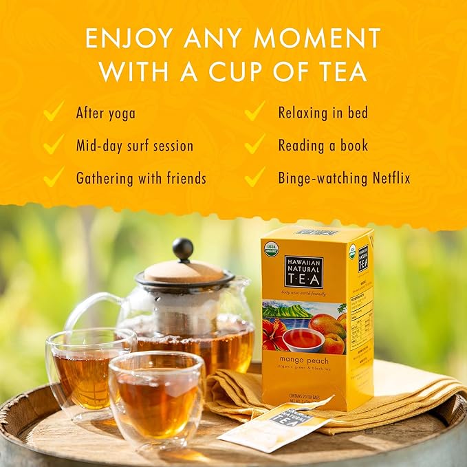 Hawaiian Natural Tea Mango Peach Flavored Organic Tea - Tropical Fruit Green and Black Tea Blend - Perfect Daily Cup & Gift for Special Occasions - 60 Tea Bags - Bloomnest