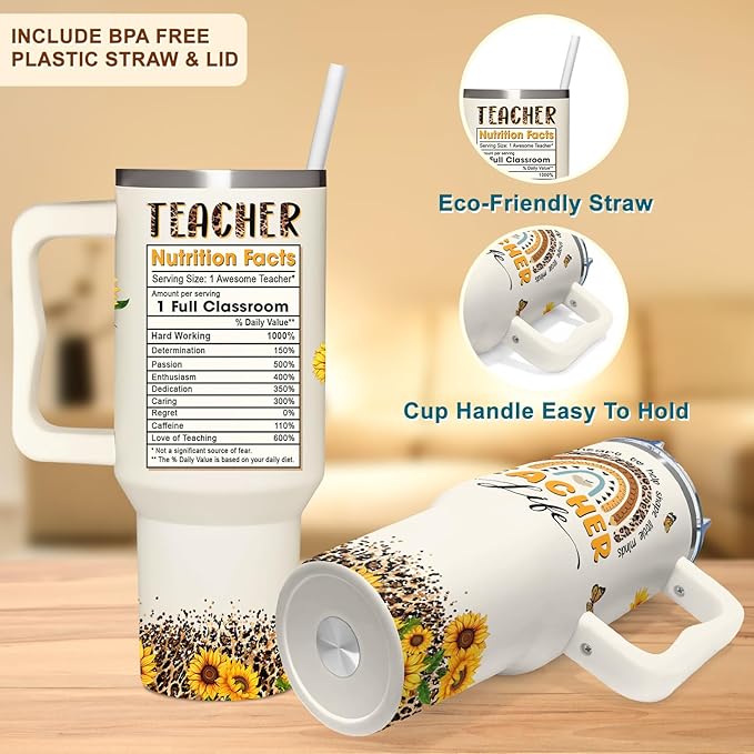 Teacher Appreciation Sunflower Tumbler 40Oz With Handle - Christmas and Graduation Gifts for Women, Thank You From Students - Bloomnest