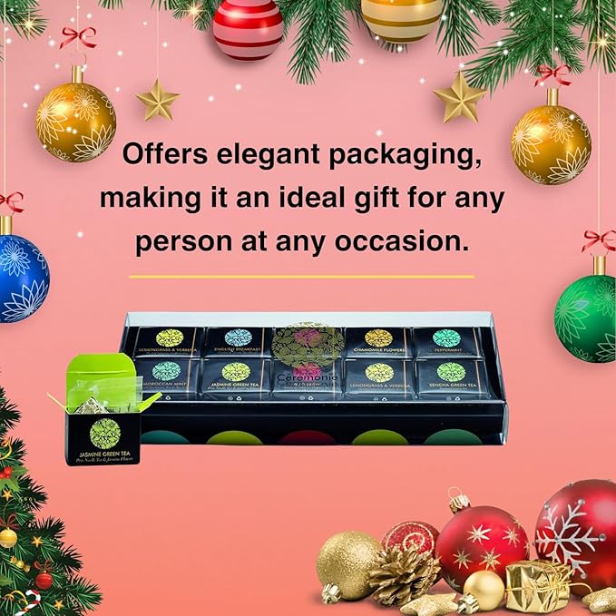 Ceremonie Tea Herbal Variety Pack - Kosher Set with Reusable Wooden Tray - Assorted Sampler With 10 Individually Wrapped Silky Mesh Bags - Single Serve Pouches - Bloomnest