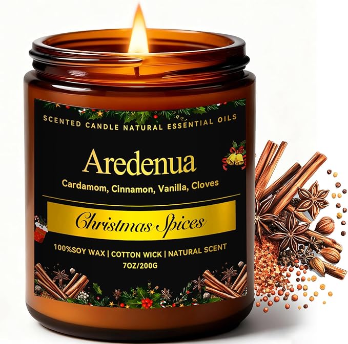 Christmas Candles - Christmas Spice Candle | 7 oz Soy Candles with Warm Cinnamon, Clove & Nutmeg Aroma | Holiday Scented Candle, Cozy Winter Candle Gift for Men & Women - Bloomnest
