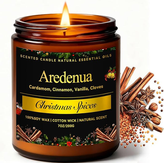 Christmas Candles - Christmas Spice Candle | 7 oz Soy Candles with Warm Cinnamon, Clove & Nutmeg Aroma | Holiday Scented Candle, Cozy Winter Candle Gift for Men & Women - Bloomnest