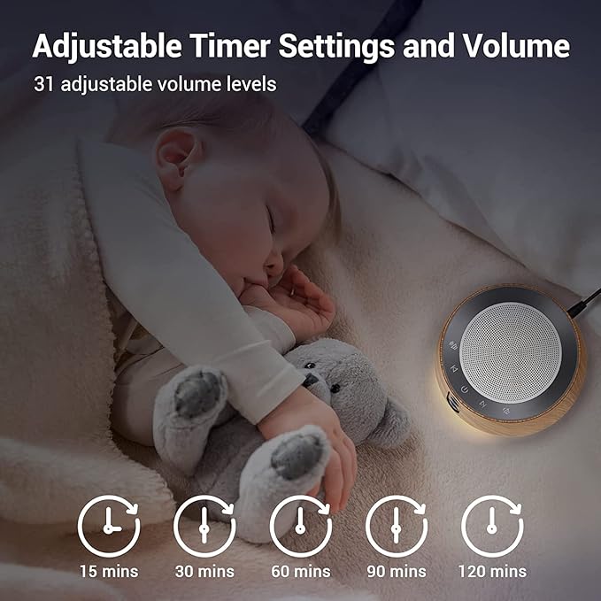 BGOVERSS White Noise Sound Machine with 20 Soothing Sounds, 10 Colors Night Light Sleep Machines Home Office Travel, 5 Timers and Memory Feature Sound Machine for Nursery Baby Kids Adults (Wood) - Bloomnest