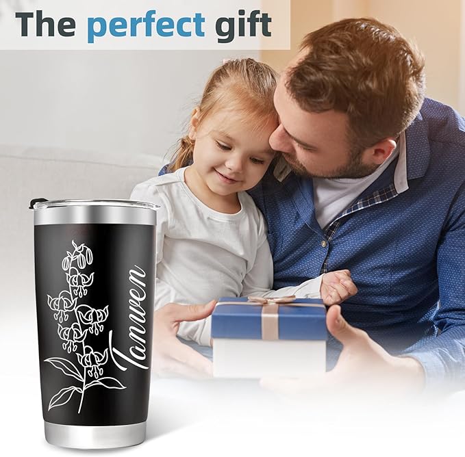 Personalized Tumbler with Name & Birth Flower Month, Custom Coffee Tumbler Stainless Steel Travel Mug Cup 20 Oz Personalized Gifts for Birthday Christmas Anniversary for Dad Mom Kids - Bloomnest