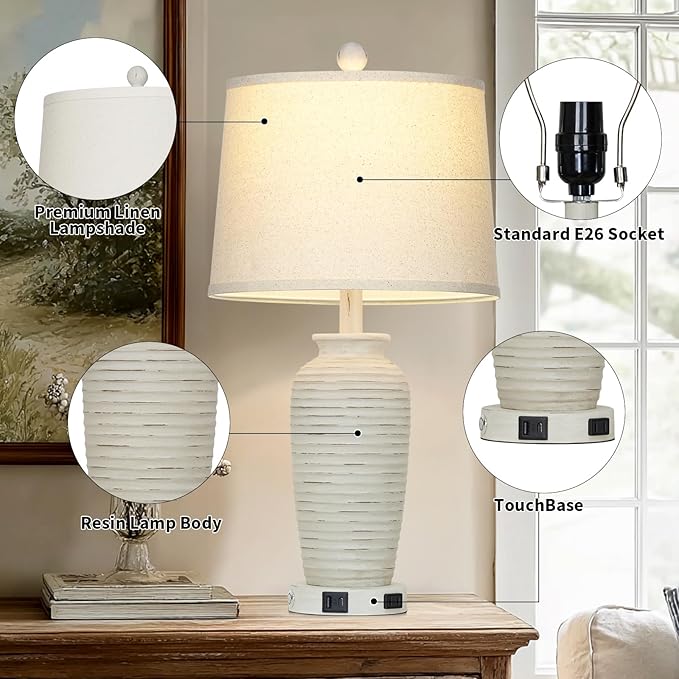 25" Retro White Farmhouse Jar Table Lamps for Living Room, 3 Way Touch Control Rustic Bedside Lamps with USB A+C Ports & AC Outlet, Pot Nightstand Lamps for Bedroom (LED Bulbs Included) - Bloomnest