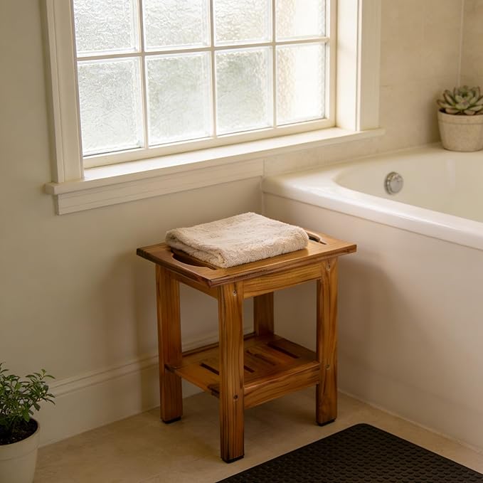 Utoplike Teak Shower Stool, Compact Shower Bench with Shelf & Handle, Foot Rest for Shaving Legs, 2-Tier Small Wooden Bath Seat with Non-Slip Feet for Bathroom, Bathtub, or Outdoor Use - Bloomnest