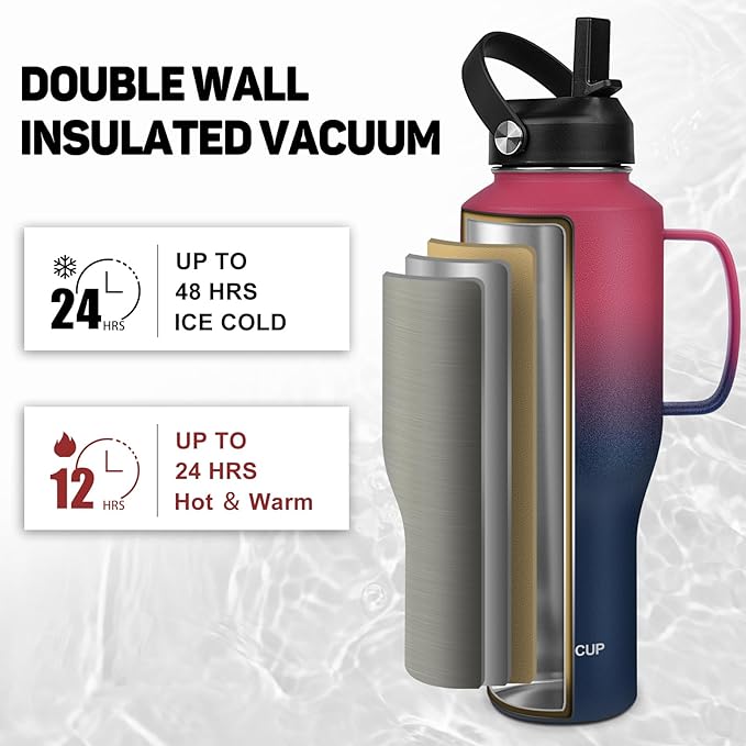 Water Bottle 40oz, Insulated Tumblers with Handle & Straw Lid, Insulated Water Bottle Fits in Cup Holder, Double Wall BPA-Free, Stainless Steel Travel Cup Leak-proof to Keep Cold 24H&Hot12H - Bloomnest