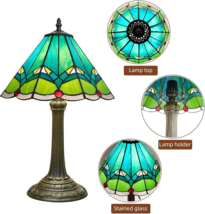 Green Tiffany Lamp Retro Rural Style Farmhouse Teal Bedroom Bedside Reading Light Living Room Hotel Bar Home Decor 12x19 Inch E26 Nightstand Unique Colored Bronze Metal Base Stainred Glass Table Lamp - Bloomnest