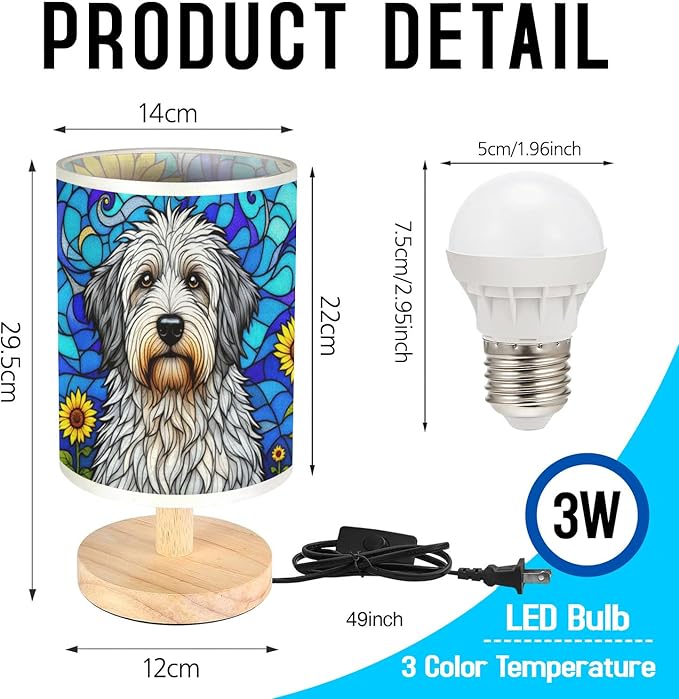 Old English Sheepdog Table Lamp LED 3-Color Pressed Bedside, Dog Shade Lamp with Wood Base for Bedroom Living Room Desk Office - Bloomnest