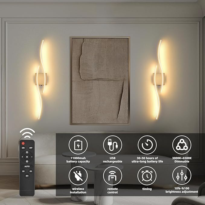 Battery Powered Wall Sconces Set of 2, Gold 31.4" LED Dimmable Wall Sconce with Remote Control/Timer/Memory, USB Rechargeable Wall Lights for Living Room, Bedroom, Hallway Wireless scones Lighting - Bloomnest