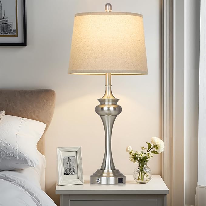 30" Silver Table Lamps Set of 2, 3 Way Touch Control Living Room Lamp with USB A+C Ports, Modern Brushed Nickel Bedroom Lamps, Tall Metal Bedside Lamp for Nightstand Desk Side Table Office - Bloomnest