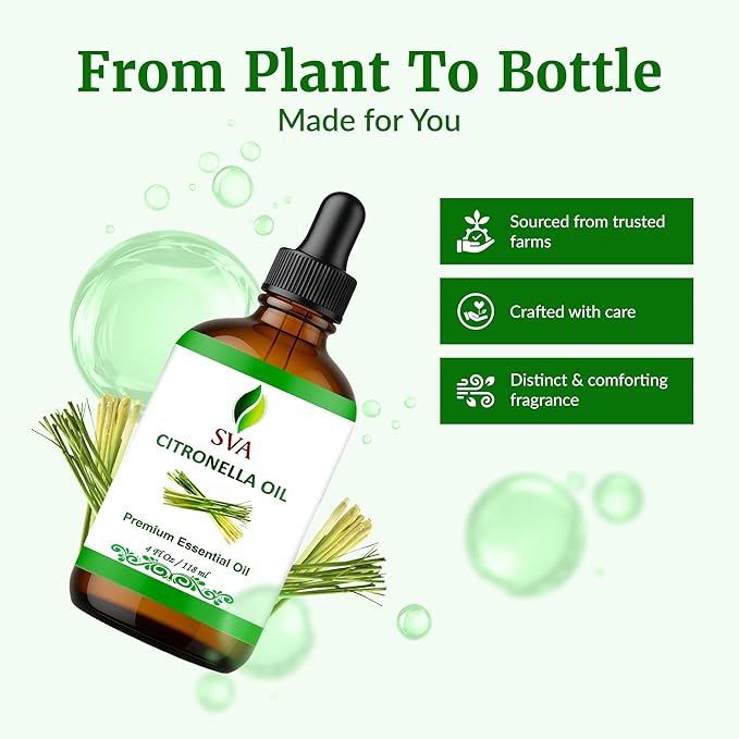 SVA Citronella Essential Oil – 4 Fl Oz – 100% Natural Citronella Oil - for Diffuser, Hair Care, Face, Skin Care, Aromatherapy, Scalp and Body Massage, Soap and Candle Making - with Dropper - Bloomnest