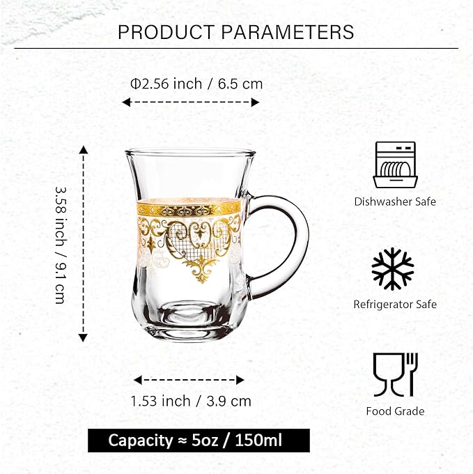 Turkish Tea Glasses Set of 6 - Gold Moroccan Tea Cups with Handle - 5 oz Footed Glass Coffee Mugs for Hot Cold Beverages Drinks