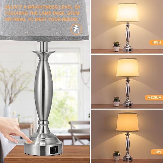 Seealle Lamps for Bedrooms - Touch Control Bedside Lamp with USB C+A, 3 Way Dimmable Nightstand Lamps with USB Port, Brushed Nickel Table Lamp for Living Room Guest Room Bed Side End Table(Single) - Bloomnest