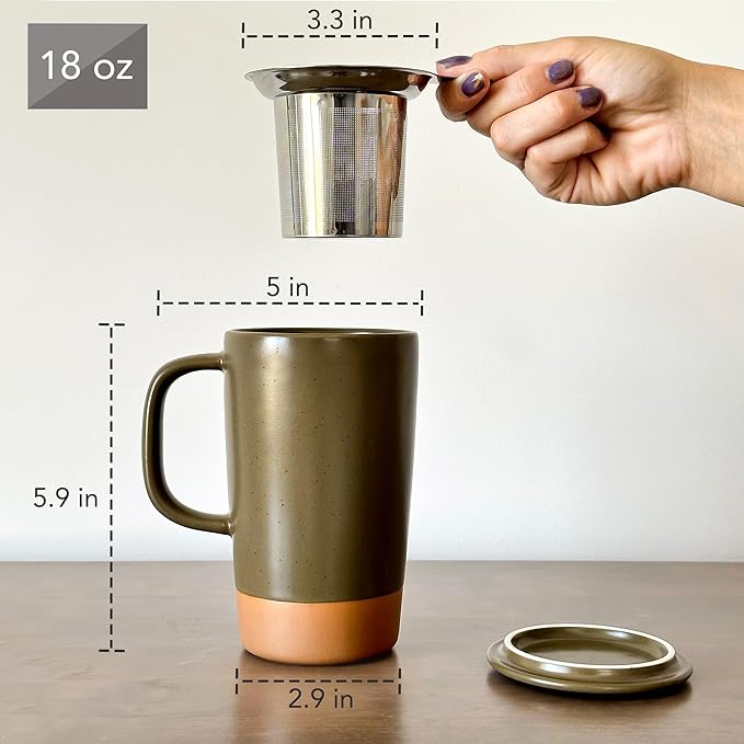 Mora Ceramics Large Tea Mug with Loose Leaf Infuser and Ceramic Lid, 18 oz, Portable, Microwave and Dishwasher Safe, Tall Coffee Cup - Rustic Matte Ceramic Glaze, Modern Herbal Tea Strainer, Olive - Bloomnest