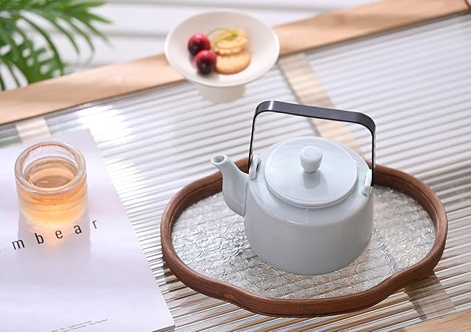 Antique Ceramic Teapot Coffee Pot with Infuser, 400ml (1-2 cups) Small Porcelain Tea Pots for Loose Leaf Tea, with Removable Stainless Steel Strainer and Lid for Gift (Light Cyan(Handle)) - Bloomnest
