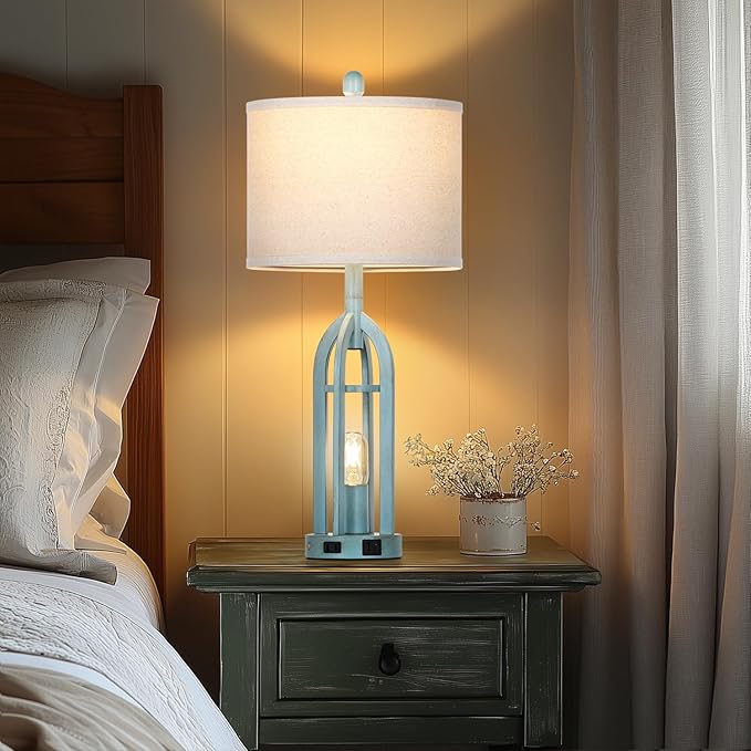27" Farmhouse Table Lamps for Living Room,Blue Vintage Lamps Set of 2 with USB A+C Charging Ports & AC Outlet, Retro Nightstand Lamp with Fabric Shade for Bedroom, Entryway(4 Bulbs Included) - Bloomnest