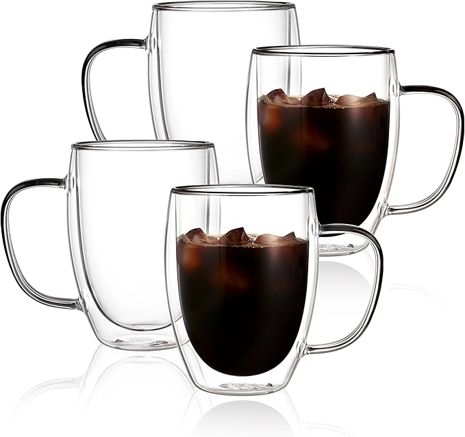 CNGLASS 12oz Double Walled Glass Coffee Mugs(4-pack),Insulated Glass Mugs with Handle,Clear Espresso Cups for Latte,Cappuccino,Tea Bag - Bloomnest