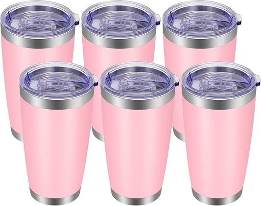 VEGOND 20oz Tumbler with Lid and Straw Stainless Steel Tumbler Cup Bulk Vacuum Insulated Double Wall Travel Coffee Mug Powder Coated Coffee Cup(Pink 6 Pack