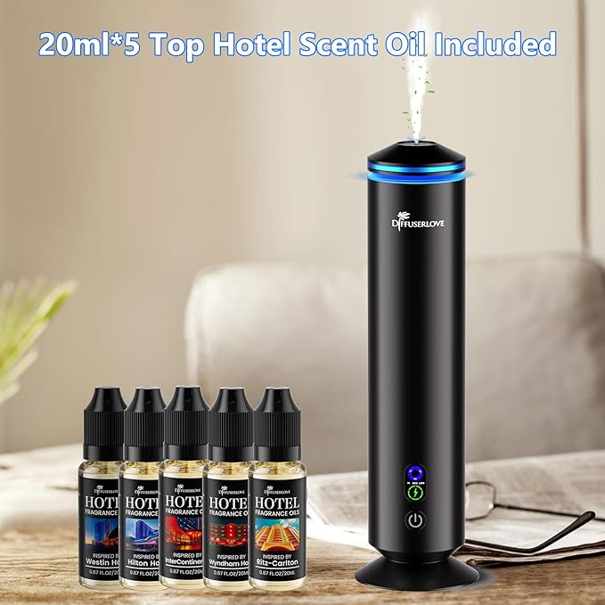 Diffuserlove Full Metal Body Waterless Scent Diffuser with 5 Hotel Scent Oils Hotel Collection Diffuser Waterless Aromatherapy Essential Oil Diffuser UP to 2000 Sq Ft Coverage for Home Office